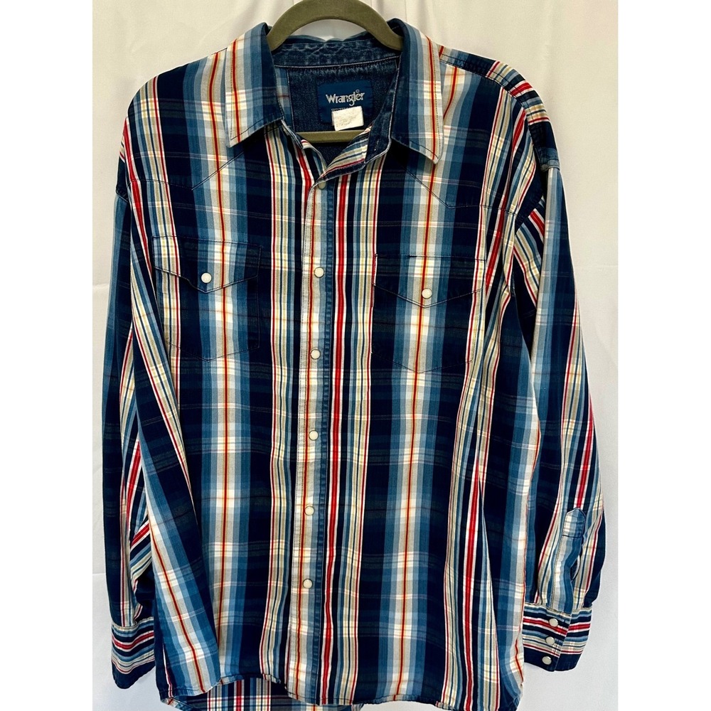 Wrangler Western Shirt Mens XL Blue Plaid Pearl Snap Long Sleeve Yoke Pockets